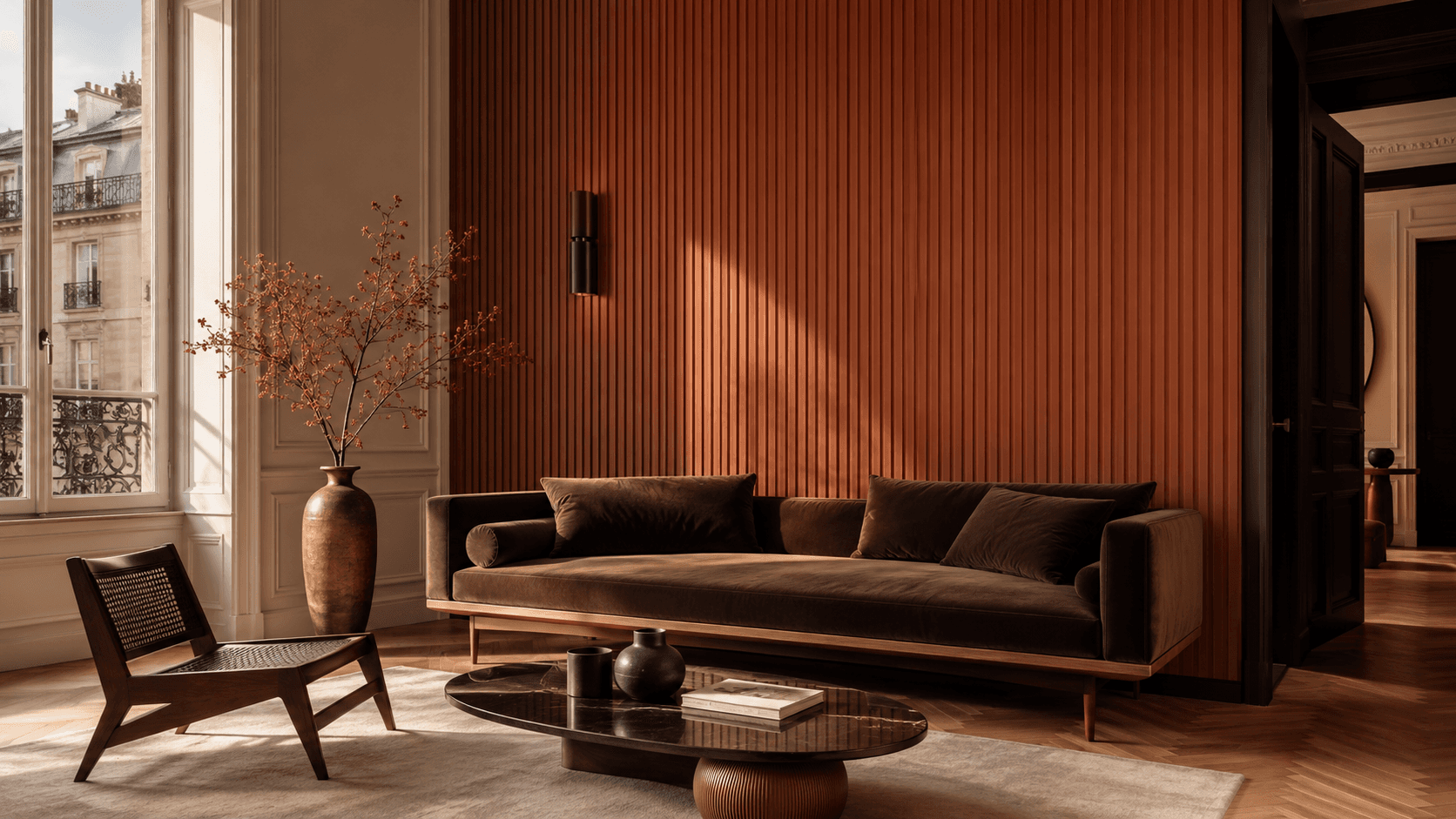 Living room with a Slate flexible-stone feature wall