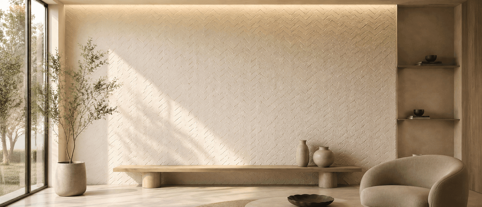 Flexible stone feature wall in a sunlit living room