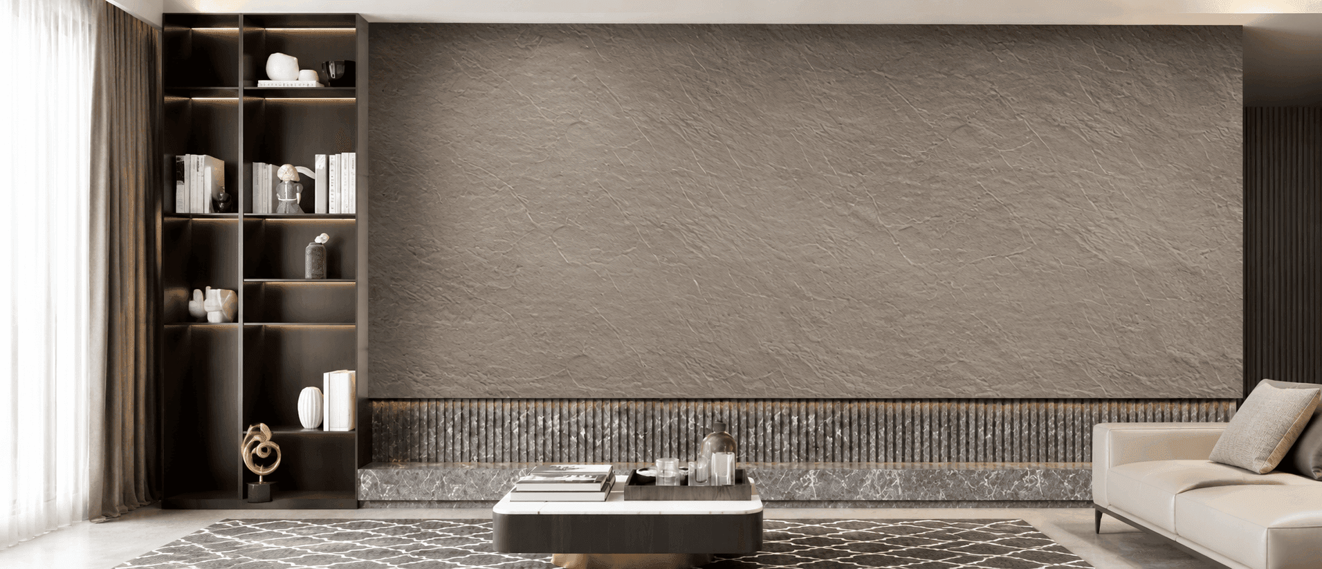 Slate flexible-stone feature wall behind a living-room sofa